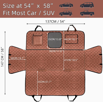Car Dog Hammock - Waterproof Seat Cover with Mesh Window and Big Pocket for Back Seat - Nonslip Rubber Back, Washable Luxury Material for Car/Suv
